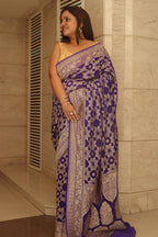 Blue Banarasi Handloom Pure Georgette Resham Zari Flower Design Saree - Luxurion World