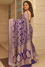 Blue Banarasi Handloom Pure Georgette Resham Zari Flower Design Saree - Luxurion World