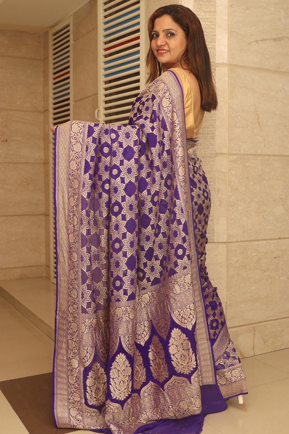 Blue Banarasi Handloom Pure Georgette Resham Zari Flower Design Saree - Luxurion World