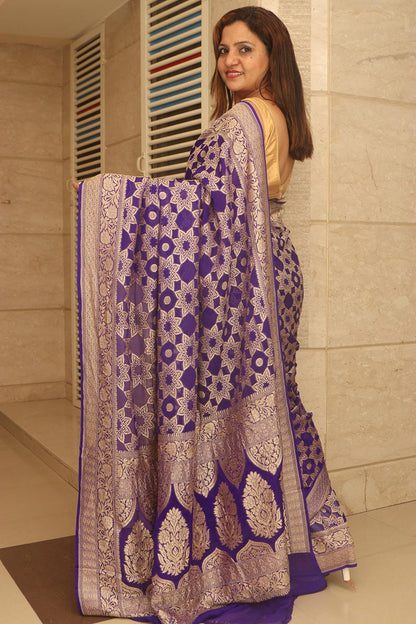 Blue Banarasi Handloom Pure Georgette Resham Zari Flower Design Saree - Luxurion World