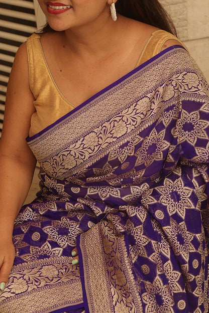 Blue Banarasi Handloom Pure Georgette Resham Zari Flower Design Saree - Luxurion World