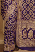 Blue Banarasi Handloom Pure Georgette Resham Zari Flower Design Saree - Luxurion World