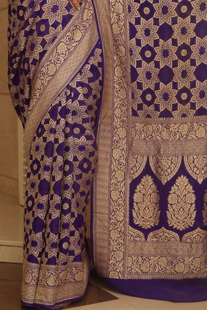 Blue Banarasi Handloom Pure Georgette Resham Zari Flower Design Saree - Luxurion World