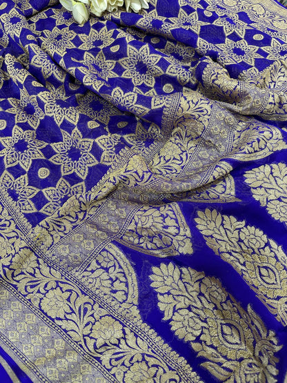 Blue Banarasi Handloom Pure Georgette Resham Zari Flower Design Saree - Luxurion World