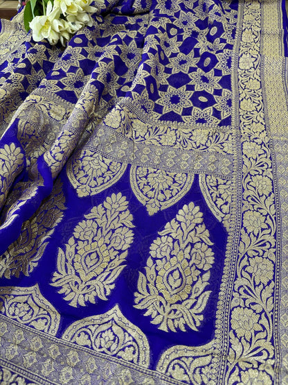 Blue Banarasi Handloom Pure Georgette Resham Zari Flower Design Saree - Luxurion World