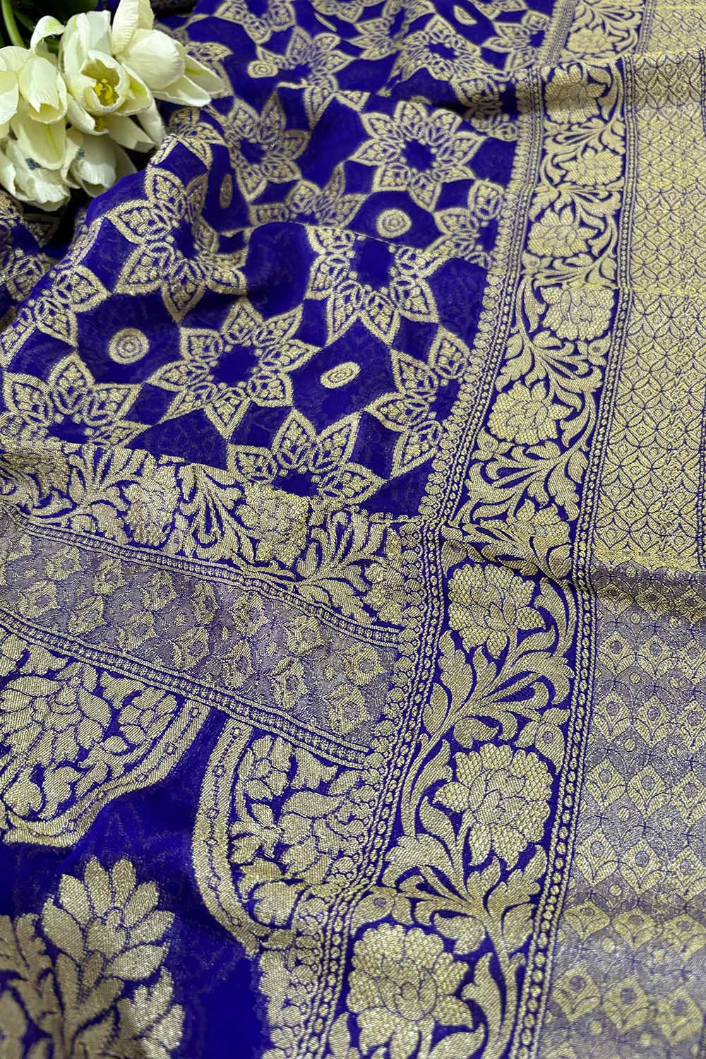 Blue Banarasi Handloom Pure Georgette Resham Zari Flower Design Saree - Luxurion World