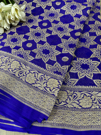 Blue Banarasi Handloom Pure Georgette Resham Zari Flower Design Saree - Luxurion World