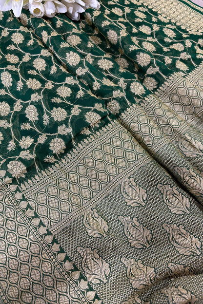 Green Banarasi Handloom Pure Georgette Resham Zari Saree - Luxurion World