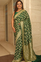 Green Banarasi Handloom Pure Georgette Resham Zari Saree - Luxurion World