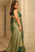 Green Banarasi Handloom Pure Georgette Resham Zari Saree - Luxurion World