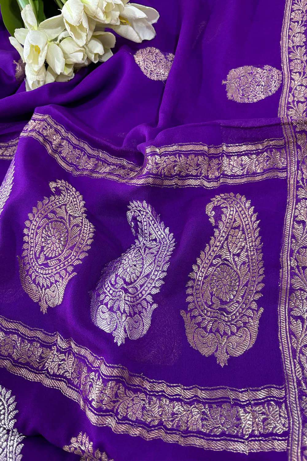 Elegant Purple Banarasi Handloom Pure Georgette Kadwa Sona Roopa Skirt Border Saree - Luxurion World