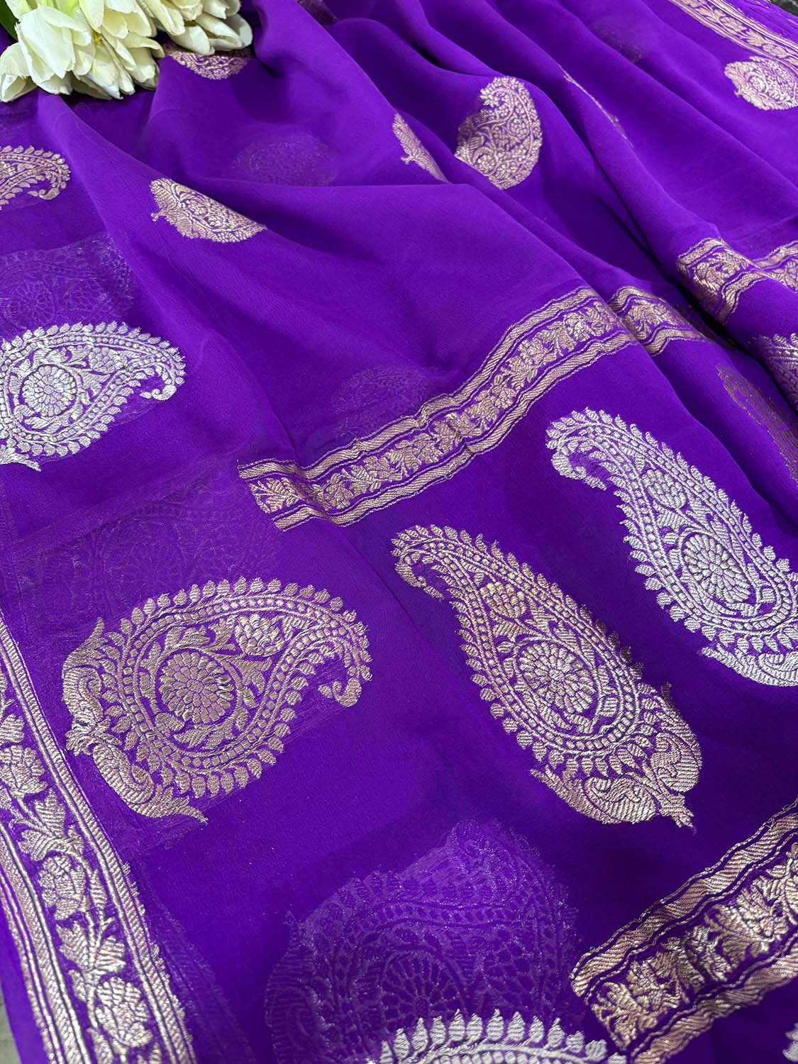 Elegant Purple Banarasi Handloom Pure Georgette Kadwa Sona Roopa Skirt Border Saree - Luxurion World