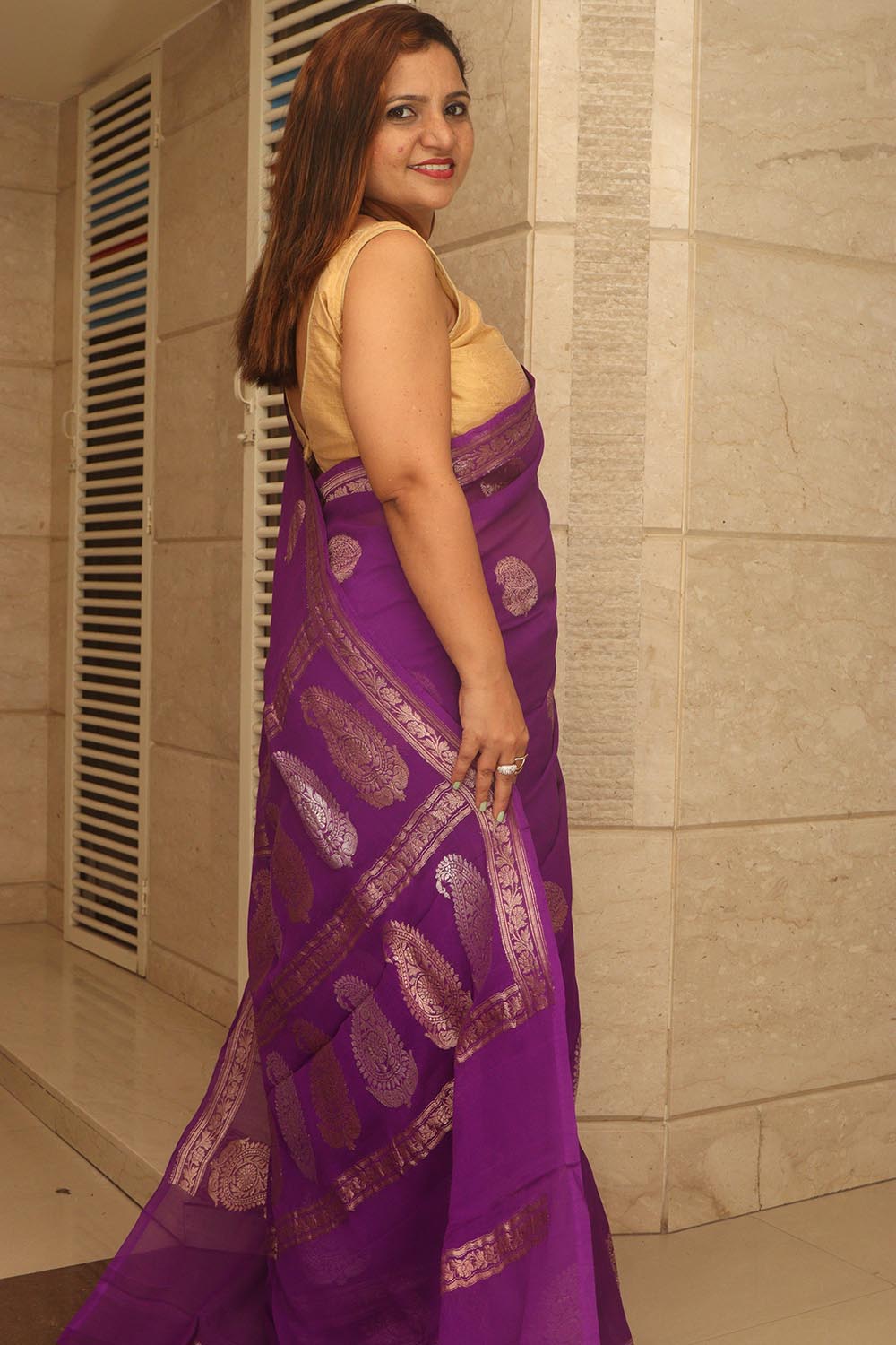 Elegant Purple Banarasi Handloom Pure Georgette Kadwa Sona Roopa Skirt Border Saree - Luxurion World