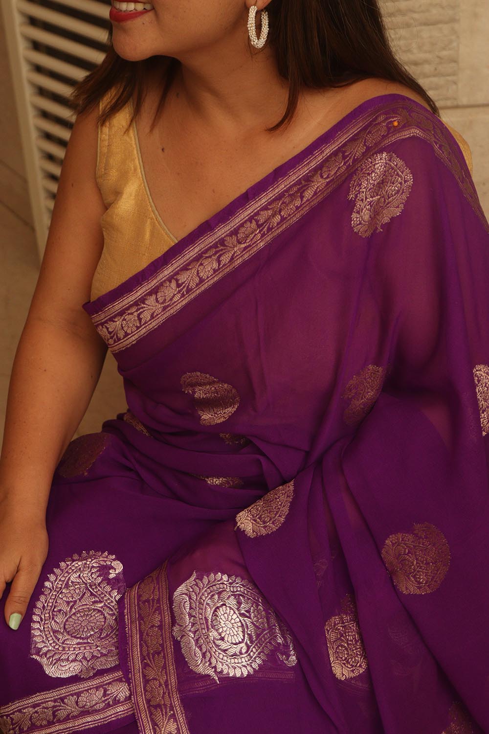 Elegant Purple Banarasi Handloom Pure Georgette Kadwa Sona Roopa Skirt Border Saree - Luxurion World