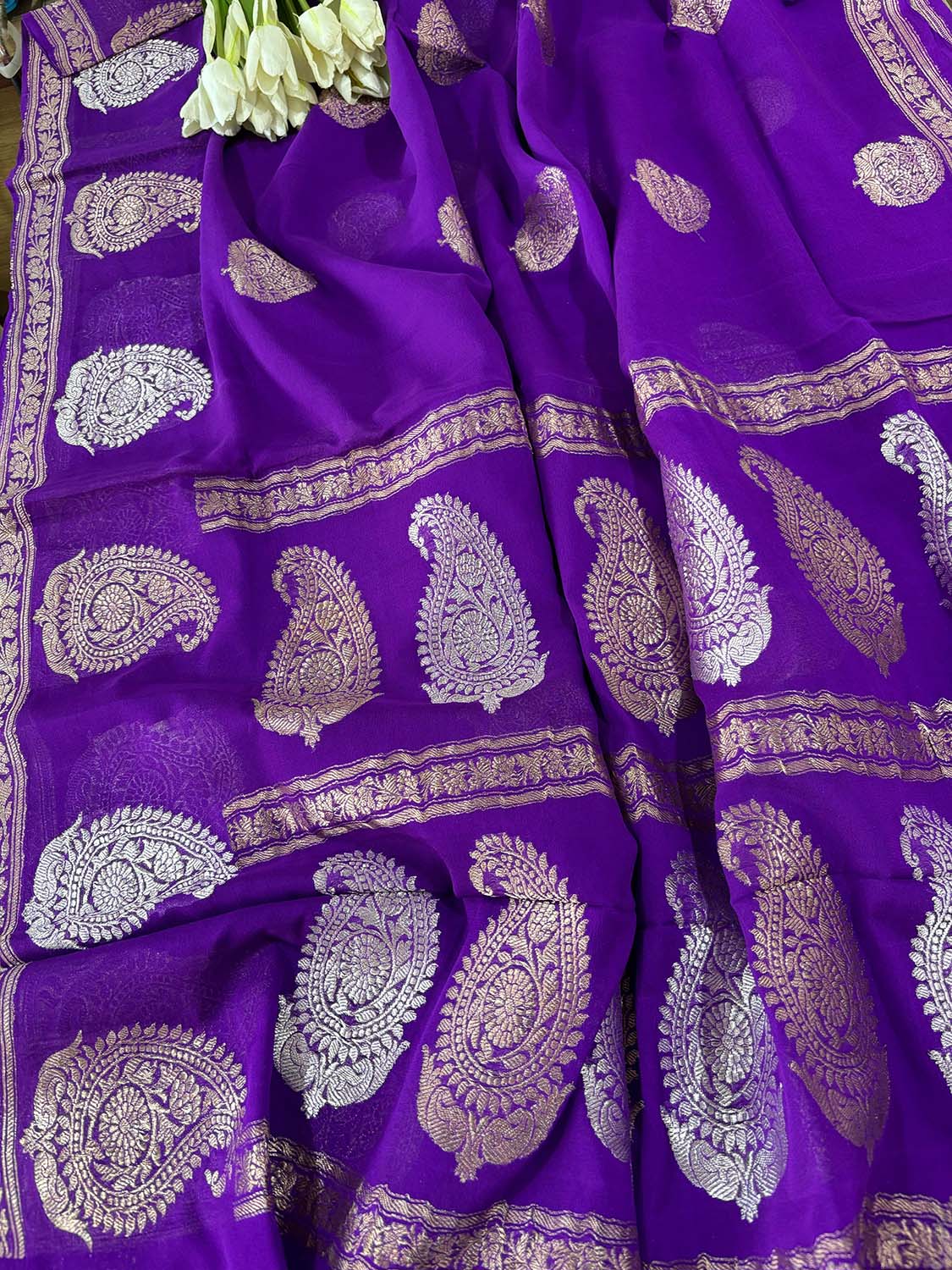 Elegant Purple Banarasi Handloom Pure Georgette Kadwa Sona Roopa Skirt Border Saree - Luxurion World