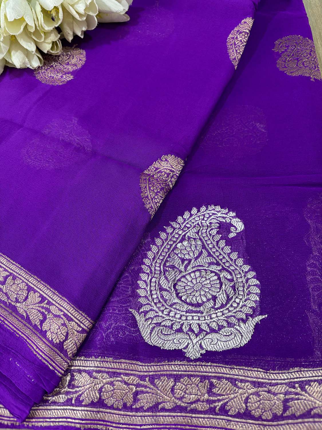 Elegant Purple Banarasi Handloom Pure Georgette Kadwa Sona Roopa Skirt Border Saree - Luxurion World