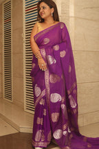 Elegant Purple Banarasi Handloom Pure Georgette Kadwa Sona Roopa Skirt Border Saree - Luxurion World