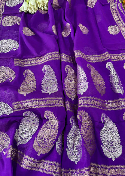 Elegant Purple Banarasi Handloom Pure Georgette Kadwa Sona Roopa Skirt Border Saree - Luxurion World