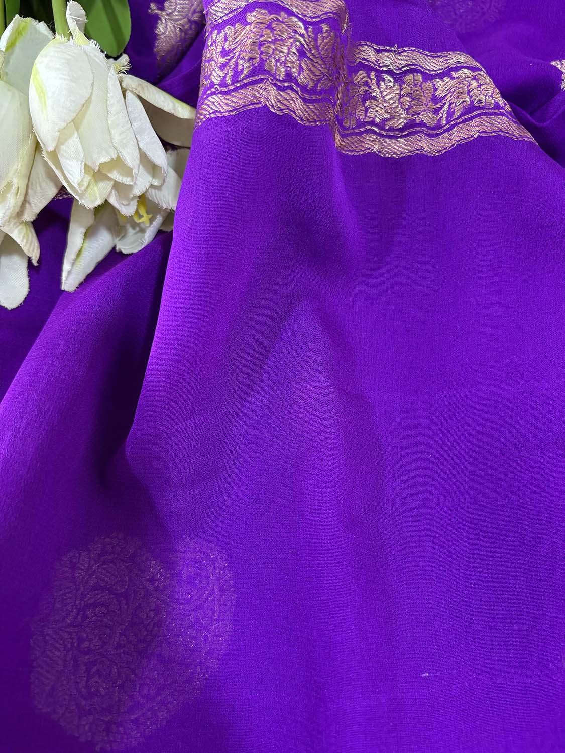 Elegant Purple Banarasi Handloom Pure Georgette Kadwa Sona Roopa Skirt Border Saree - Luxurion World
