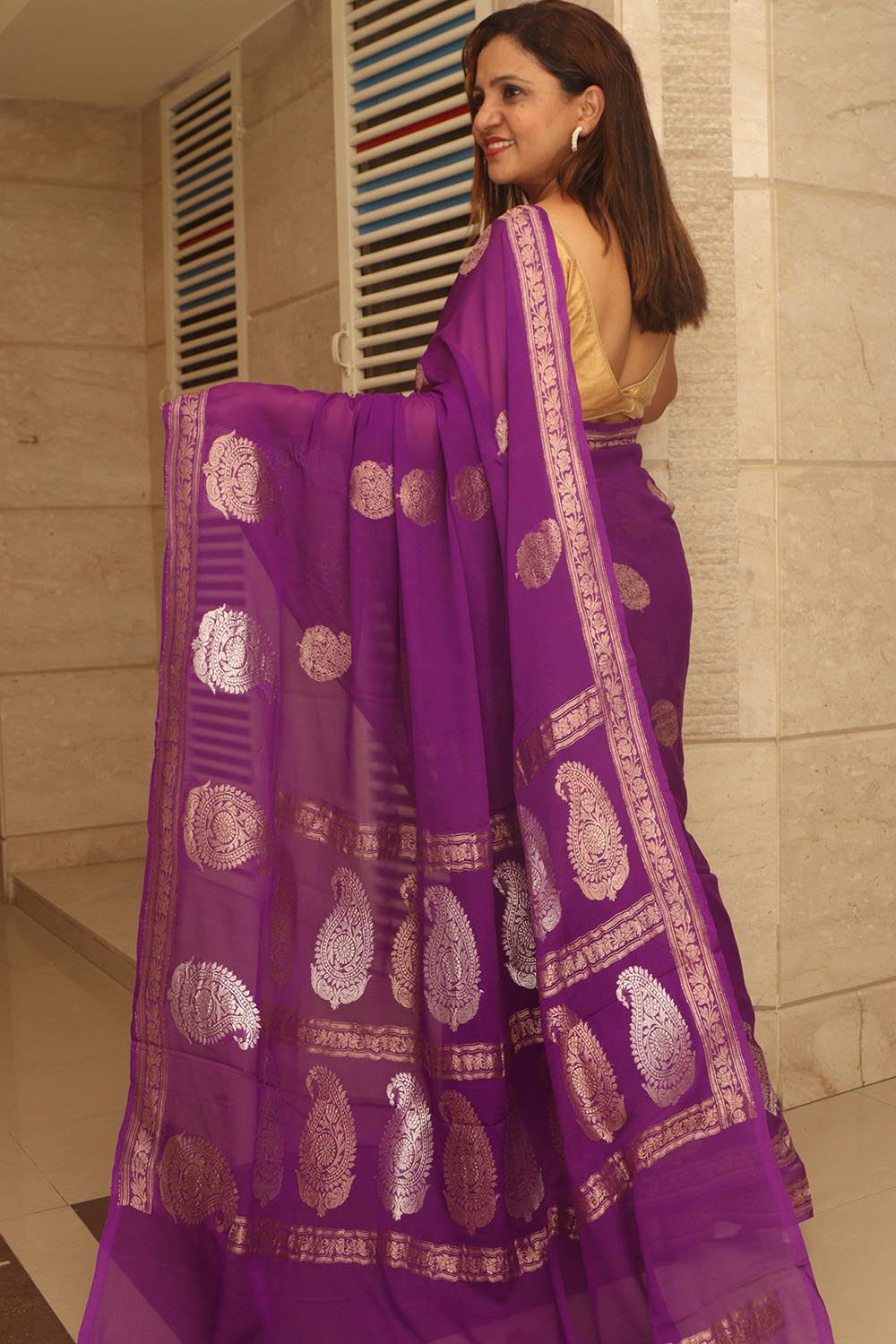 Elegant Purple Banarasi Handloom Pure Georgette Kadwa Sona Roopa Skirt Border Saree - Luxurion World