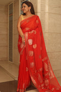 Elegant Red Banarasi Handloom Pure Georgette Kadwa Sona Roopa Skirt Border Saree - Luxurion World