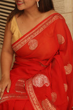 Elegant Red Banarasi Handloom Pure Georgette Kadwa Sona Roopa Skirt Border Saree - Luxurion World