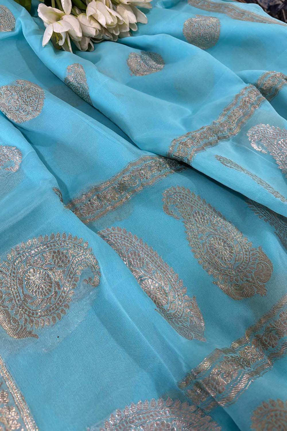 Elegant Blue Banarasi Handloom Pure Georgette Kadwa Sona Roopa Skirt Border Saree - Luxurion World