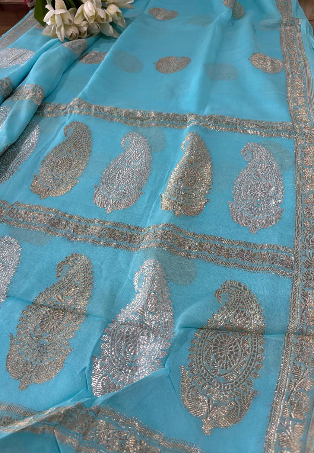 Elegant Blue Banarasi Handloom Pure Georgette Kadwa Sona Roopa Skirt Border Saree - Luxurion World