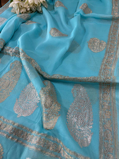 Elegant Blue Banarasi Handloom Pure Georgette Kadwa Sona Roopa Skirt Border Saree - Luxurion World