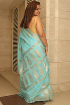 Elegant Blue Banarasi Handloom Pure Georgette Kadwa Sona Roopa Skirt Border Saree - Luxurion World