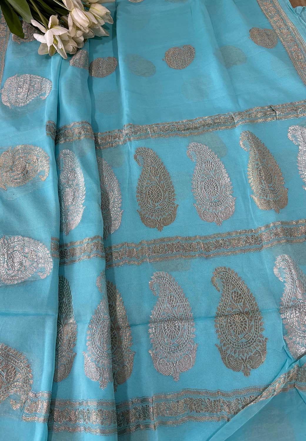 Elegant Blue Banarasi Handloom Pure Georgette Kadwa Sona Roopa Skirt Border Saree - Luxurion World