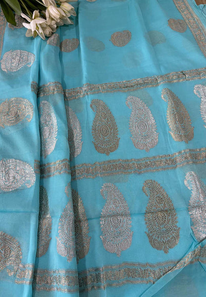 Elegant Blue Banarasi Handloom Pure Georgette Kadwa Sona Roopa Skirt Border Saree - Luxurion World