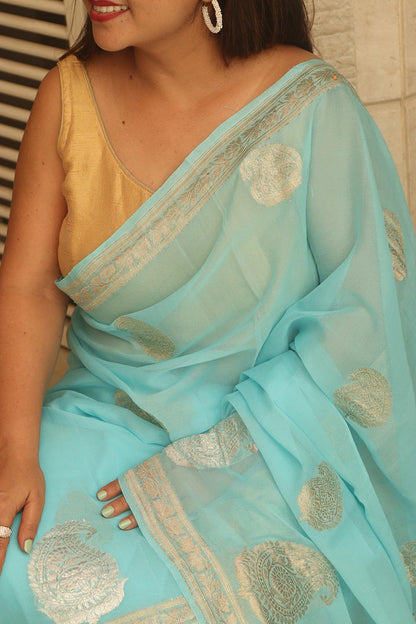 Elegant Blue Banarasi Handloom Pure Georgette Kadwa Sona Roopa Skirt Border Saree - Luxurion World