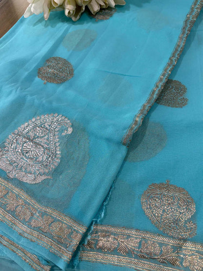 Elegant Blue Banarasi Handloom Pure Georgette Kadwa Sona Roopa Skirt Border Saree - Luxurion World