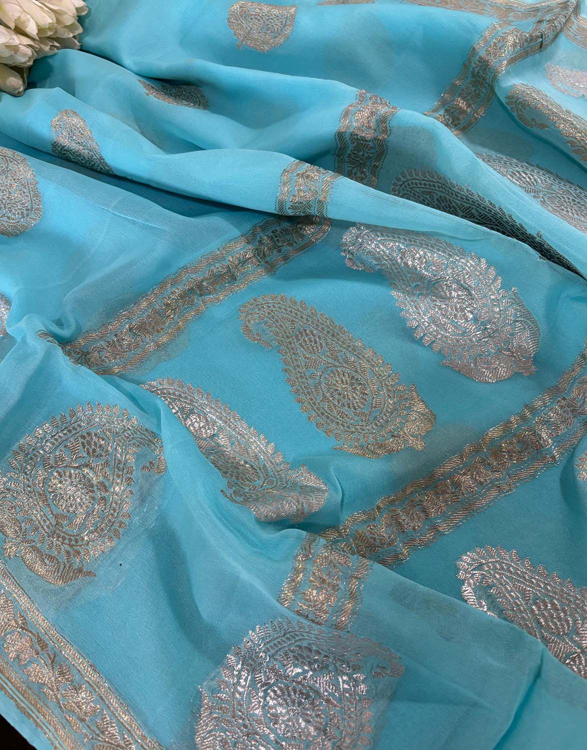 Elegant Blue Banarasi Handloom Pure Georgette Kadwa Sona Roopa Skirt Border Saree - Luxurion World