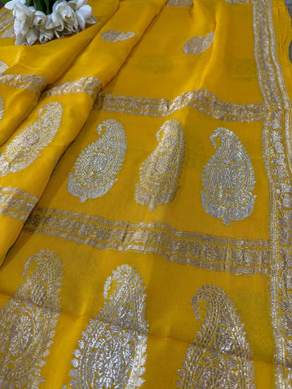 Yellow Banarasi Handloom Pure Georgette Kadwa Sona Roopa Skirt Border Saree - Luxurion World