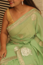 Elegant Pista Green Banarasi Handloom Pure Georgette Kadwa Sona Roopa Skirt Border Saree - Luxurion World