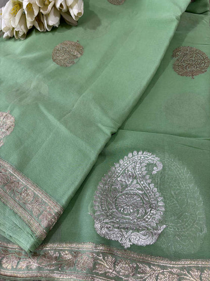 Elegant Pista Green Banarasi Handloom Pure Georgette Kadwa Sona Roopa Skirt Border Saree - Luxurion World