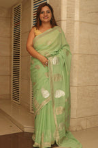 Elegant Pista Green Banarasi Handloom Pure Georgette Kadwa Sona Roopa Skirt Border Saree - Luxurion World