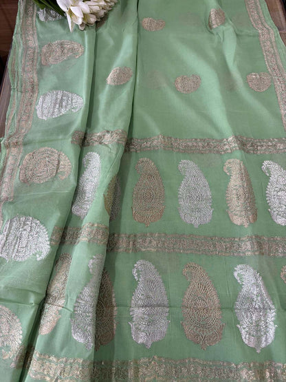 Elegant Pista Green Banarasi Handloom Pure Georgette Kadwa Sona Roopa Skirt Border Saree - Luxurion World