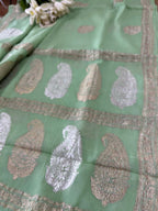 Elegant Pista Green Banarasi Handloom Pure Georgette Kadwa Sona Roopa Skirt Border Saree - Luxurion World