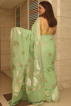 Elegant Pista Green Banarasi Handloom Pure Georgette Kadwa Sona Roopa Skirt Border Saree - Luxurion World