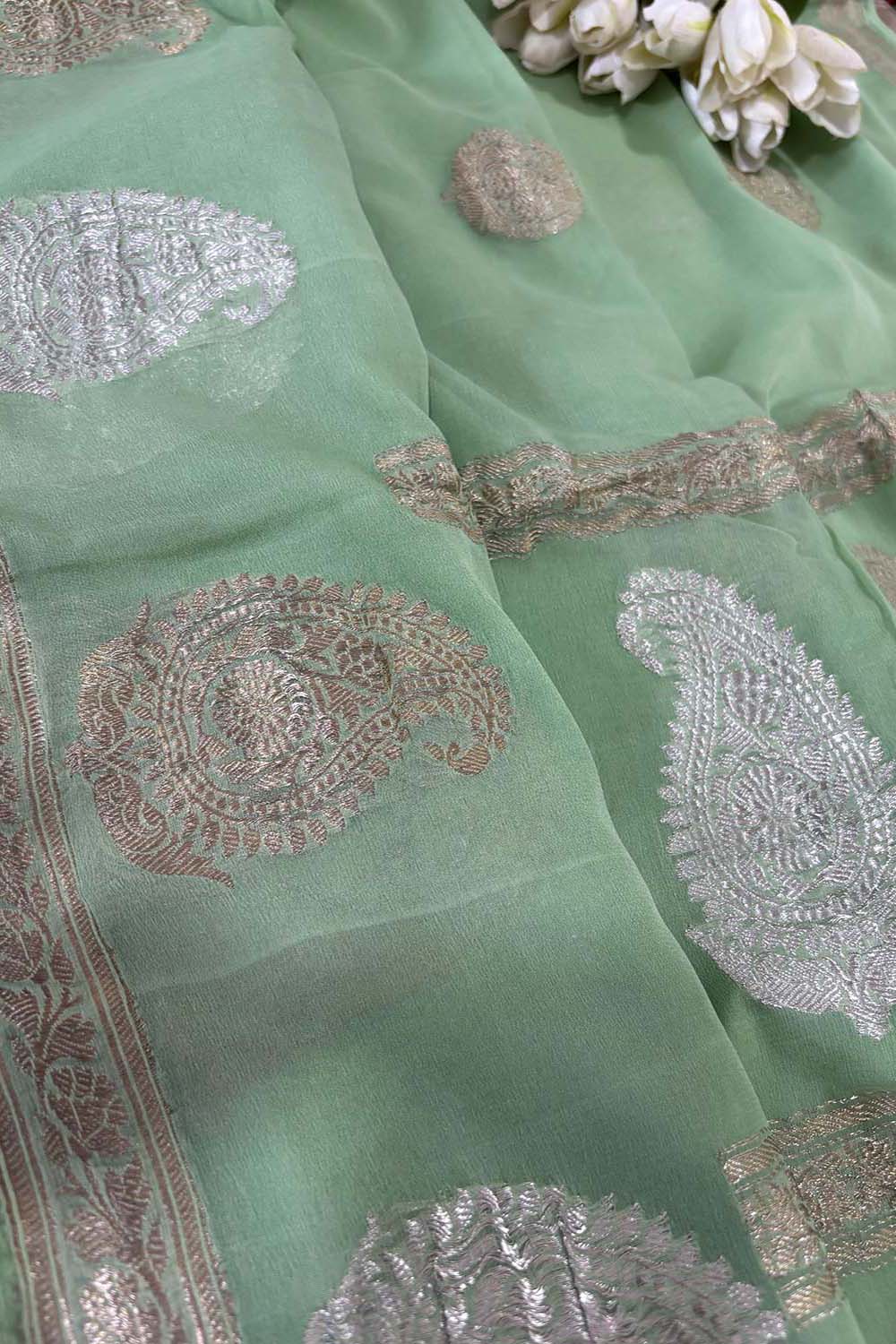 Elegant Pista Green Banarasi Handloom Pure Georgette Kadwa Sona Roopa Skirt Border Saree - Luxurion World