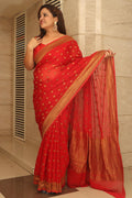 Red Banarasi Handloom Pure Georgette Flower Design Saree - Luxurion World