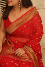 Red Banarasi Handloom Pure Georgette Flower Design Saree - Luxurion World
