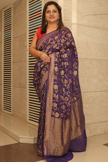 Exquisite Purple Banarasi Handloom Pure Georgette Flower Design Jaal Work Saree - Luxurion World