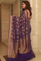 Exquisite Purple Banarasi Handloom Pure Georgette Flower Design Jaal Work Saree - Luxurion World