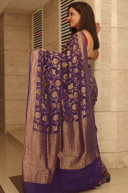 Exquisite Purple Banarasi Handloom Pure Georgette Flower Design Jaal Work Saree - Luxurion World