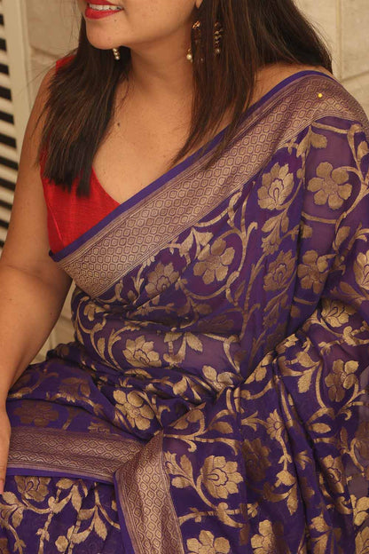 Exquisite Purple Banarasi Handloom Pure Georgette Flower Design Jaal Work Saree - Luxurion World