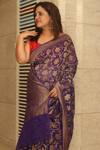 Exquisite Purple Banarasi Handloom Pure Georgette Flower Design Jaal Work Saree - Luxurion World